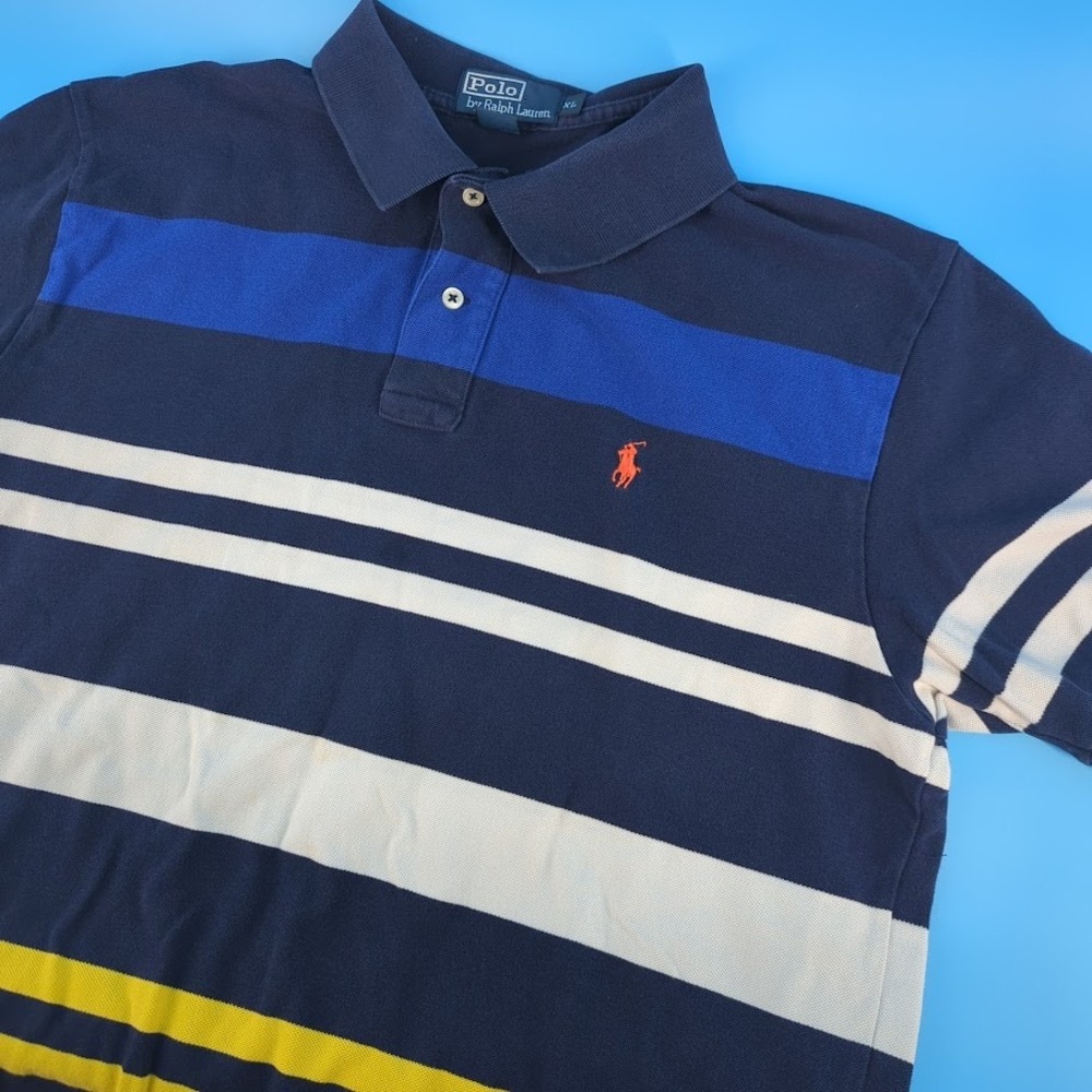 Polo Ralph Lauren Mens XL Navy Blue Striped Short Sleeve Pique Polo Shirt Orange